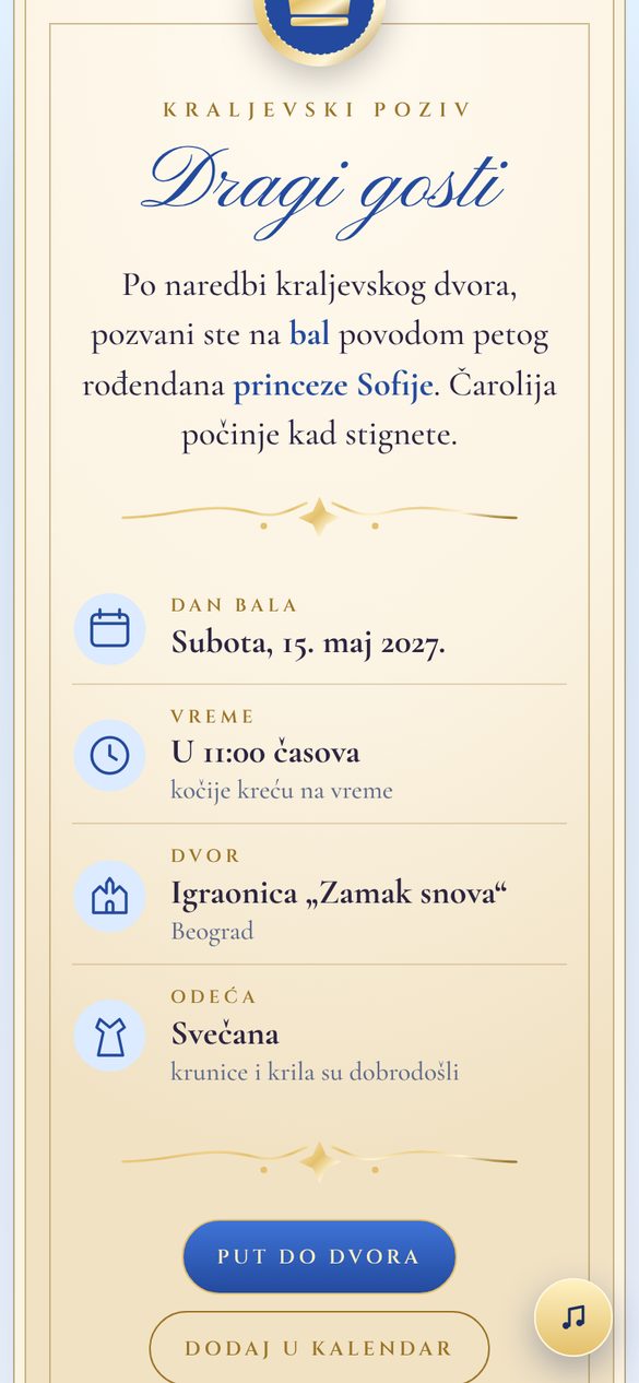 Kraljevski poziv sa datumom i mestom